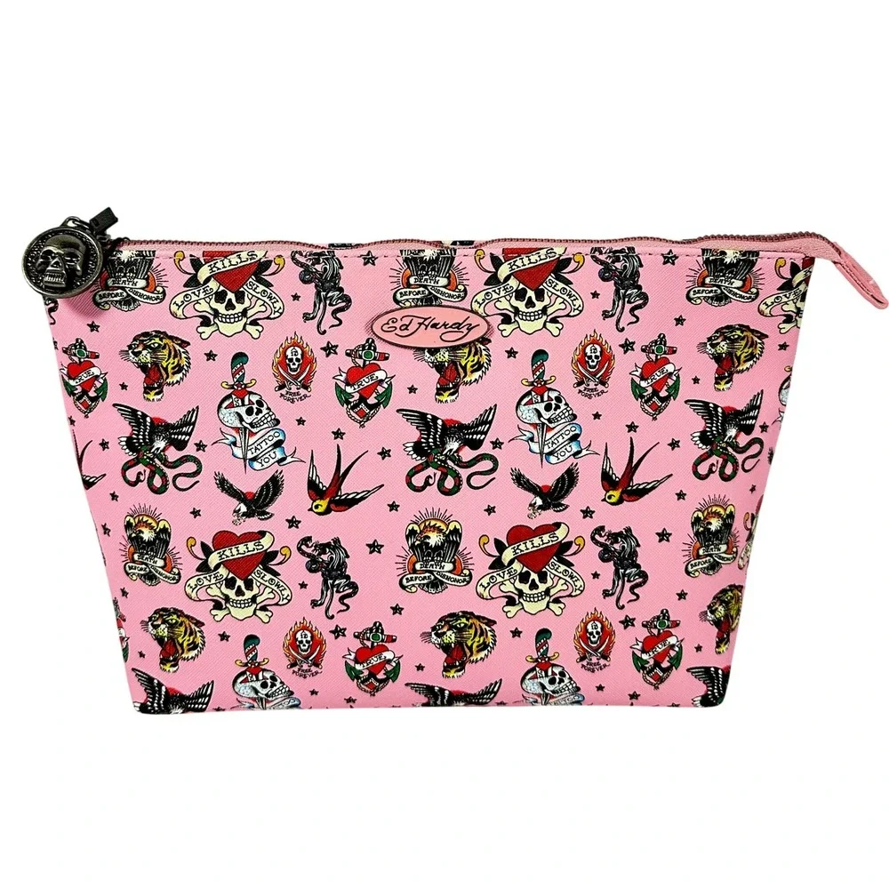 Ed Hardy Pink Tattoo Print Makeup Bag Skulls Tigers Pouch‎ NWT